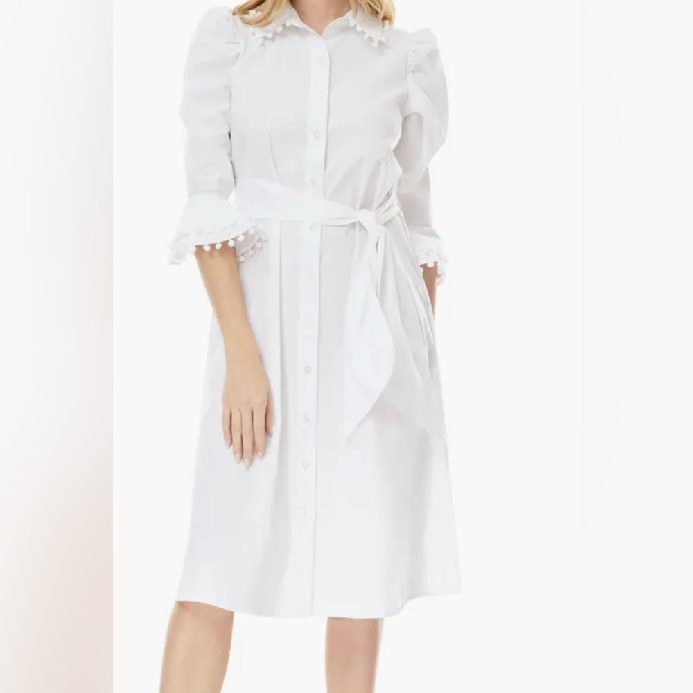 Lucia Stretch Cotton Poplin Shirtdress|Bright White Size Large Puffy 3 QtrSleeve